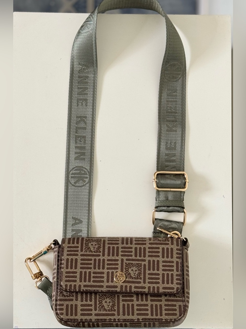Anne Klein Brown Patterned Crossbody with Olive Strap